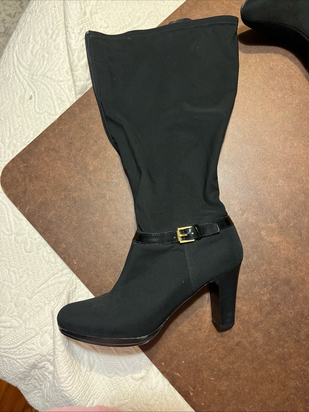 Lauren Ralph Lauren Malinda Black Spandex Mid-Calf Heeled Boots w/ Buckle Wm 9B